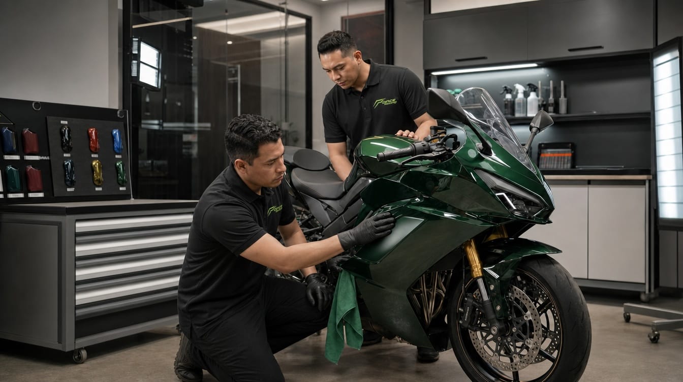 Técnico Ponce Racing aplicando pintura verde a un tanque BMW en cabina blanca de pintura