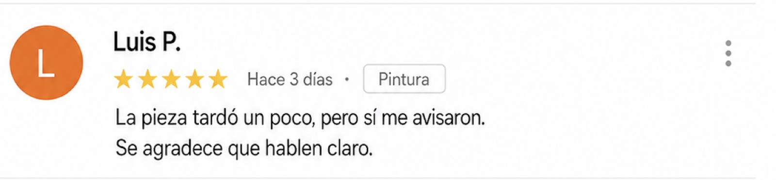 Reseña de 5 estrellas: Luis P. — Pintura. 'La pieza tardó un poco, pero sí me avisaron. Se agradece que hablen claro.'